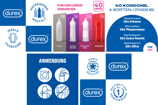 DUREX "Fun Explosion" 4 rūšių prezervatyvų mišinys, 40 vnt