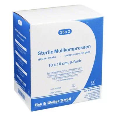 MULLKOMPRESSEN 10x10 cm sterilūs 8 kartus, 25X2 vnt MULLKOMPRESSEN 10x10 cm sterilūs 8 kartus, 25X2 vnt
