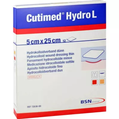 CUTIMED Hydro L hidrokoloidinis tvarstis plonas 5x25 cm, 12 vnt