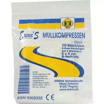 ERENA Marlės kompresas 5x5 cm sterilus 8 kartus, 5X2 vnt ERENA Marlės kompresas 5x5 cm sterilus 8 kartus, 5X2 vnt