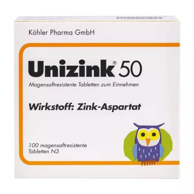 UNIZINK 50 enterinėmis plėvele dengtų tablečių, 100 vnt