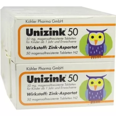 UNIZINK 50 enterinėmis plėvele dengtų tablečių, 10X50 vnt