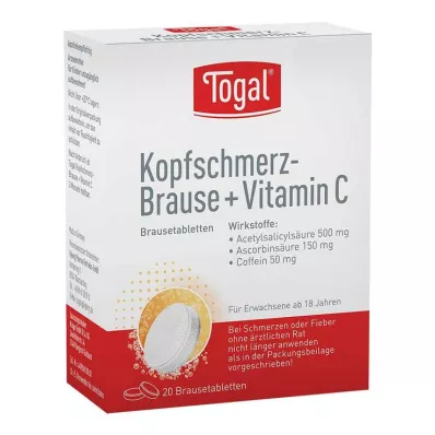 TOGAL Headache Effervescent + Vit.C Effervescent tabletės, 20 kapsulių TOGAL Headache Effervescent + Vit.C Effervescent tabletės, 20 kapsulių