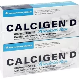 CALCIGEN D 600 mg/400 TV kramtomosios tabletės, 120 kapsulių
