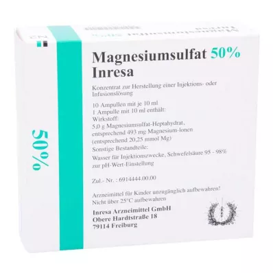 MAGNESIUMSULFAT 50% Inresa koncentratas injekcijoms ir infuzijoms, 10X10 ml
