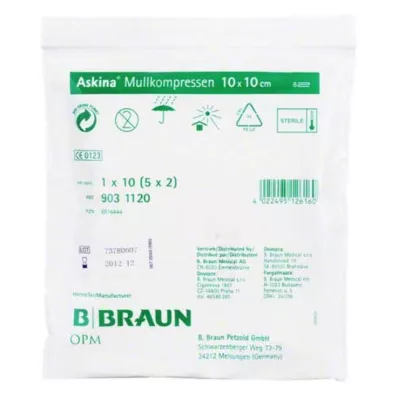 ASKINA Marlės kompresai 10x10 cm sterilūs, 5X2 vnt ASKINA Marlės kompresai 10x10 cm sterilūs, 5X2 vnt