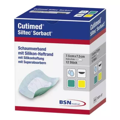 Cutimed Siltec Sorbact PU-tvarstis 7,5x7,5 cm, 12 vnt