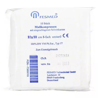 Marlės kompresai ES 10x10 cm nesterilūs 8 kartus, 10 vnt