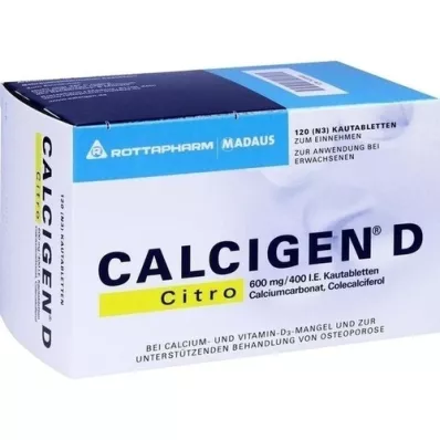 CALCIGEN D Citro 600 mg/400 TV kramtomosios tabletės, 120 kapsulių