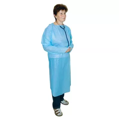 Prijuostė vienkartinė PE mėlyna 120 cm nesterili su rankovėmis, 1 vnt Prijuostė vienkartinė PE mėlyna 120 cm nesterili su rankovėmis, 1 vnt