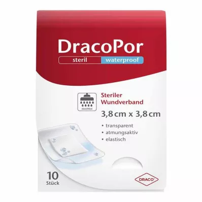 DRACOPOR vandeniui atsparus 3,8x3,8 cm sterilus žaizdų tvarstis, 10 vnt