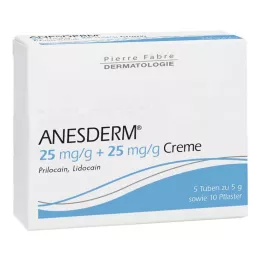 ANESDERM 25 mg/g + 25 mg/g kremo + 10 pleistrų, 5X5 g