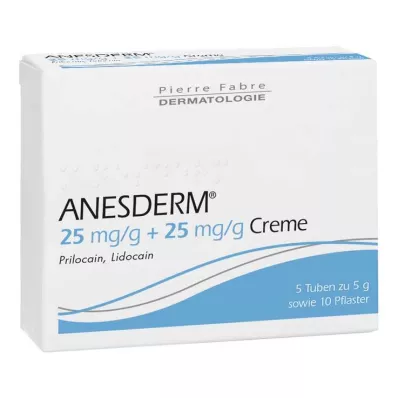 ANESDERM 25 mg/g + 25 mg/g kremas + pleistras, 5X5 g ANESDERM 25 mg/g + 25 mg/g kremas + pleistras, 5X5 g