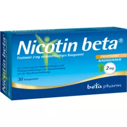NICOTIN beta Fruitmint 2 mg kramtomoji guma, kurios sudėtyje yra veikliosios medžiagos, 30 vnt