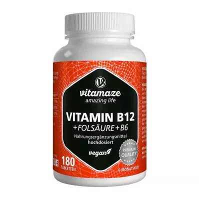 VITAMIN B12 1000 µg didelės dozės + B9+B6 veganiškos tabletės, 180 vnt