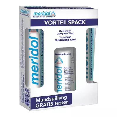 MERIDOL Dantų pastos privalumų pakuotė + 100 ml skalavimo skysčio, 2X75 ml