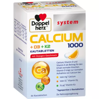 DOPPELHERZ Kalcio 1000+D3+K2 sistemos kramtomosios tabletės, 60 vnt