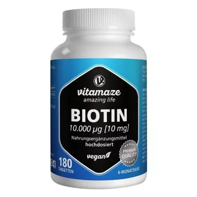 BIOTIN 10 mg didelės dozės veganiškos tabletės, 180 vnt