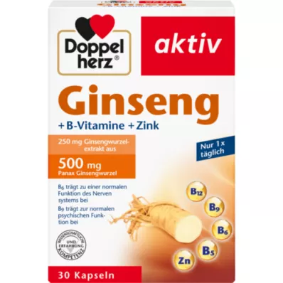 DOPPELHERZ Ženšenis 250+B-vitaminai+cinkas, 30 kapsulių