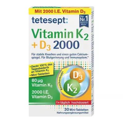 TETESEPT Vitaminas K2+D3 2000 tablečių, 30 kapsulių