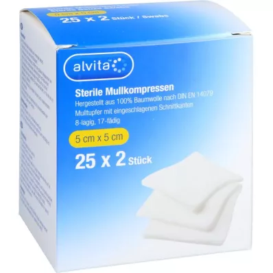 ALVITA Marlės kompresai sterilūs 5x5 cm, 25X2 vnt