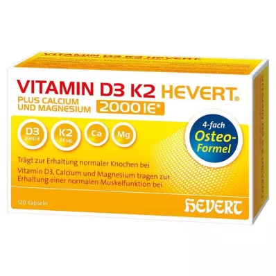 VITAMIN D3 K2 Hevert plius Ca Mg 2000 IE/2 kapsulės, 120 kapsulių