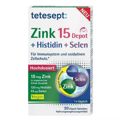 TETESEPT Cinkas 15 Depot + histidinas + selenas plėvele dengtos tabletės, 30 vnt