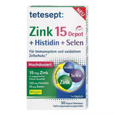 Tetesept Zinc 15 Depot + Histidinas + Selenas plėvele dengtos tabletės, 30 vnt Tetesept Zinc 15 Depot + Histidinas + Selenas plėvele dengtos tabletės, 30 vnt