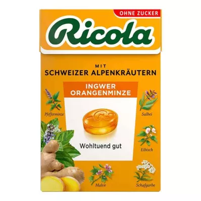 Ricola be cukraus dėžutė imbierinių apelsinų mėtinių saldainių, 50 g