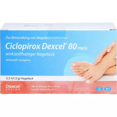 CICLOPIROX Dexcel 80 mg/g nagų lakas, kurio sudėtyje yra veikliosios medžiagos, 3,3 ml