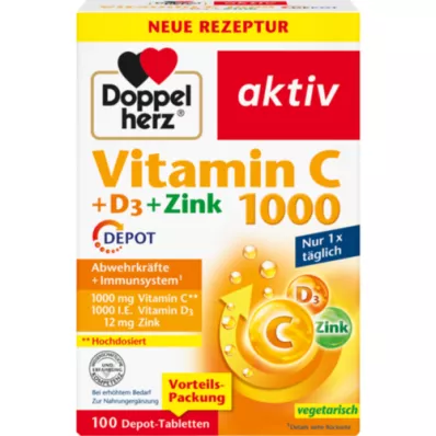 DOPPELHERZ Vitaminas C 1000+D3+Cinkas Depot tabletės, 100 kapsulių