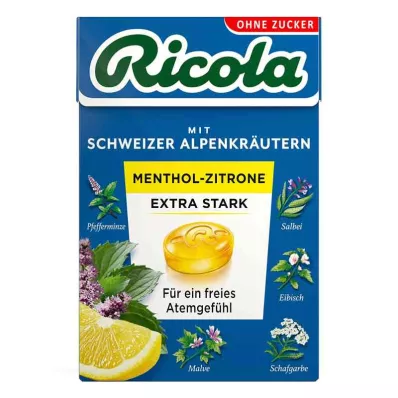 Ricola be cukraus dėžutės mentolis citrina ypač stiprūs saldainiai (50 g)